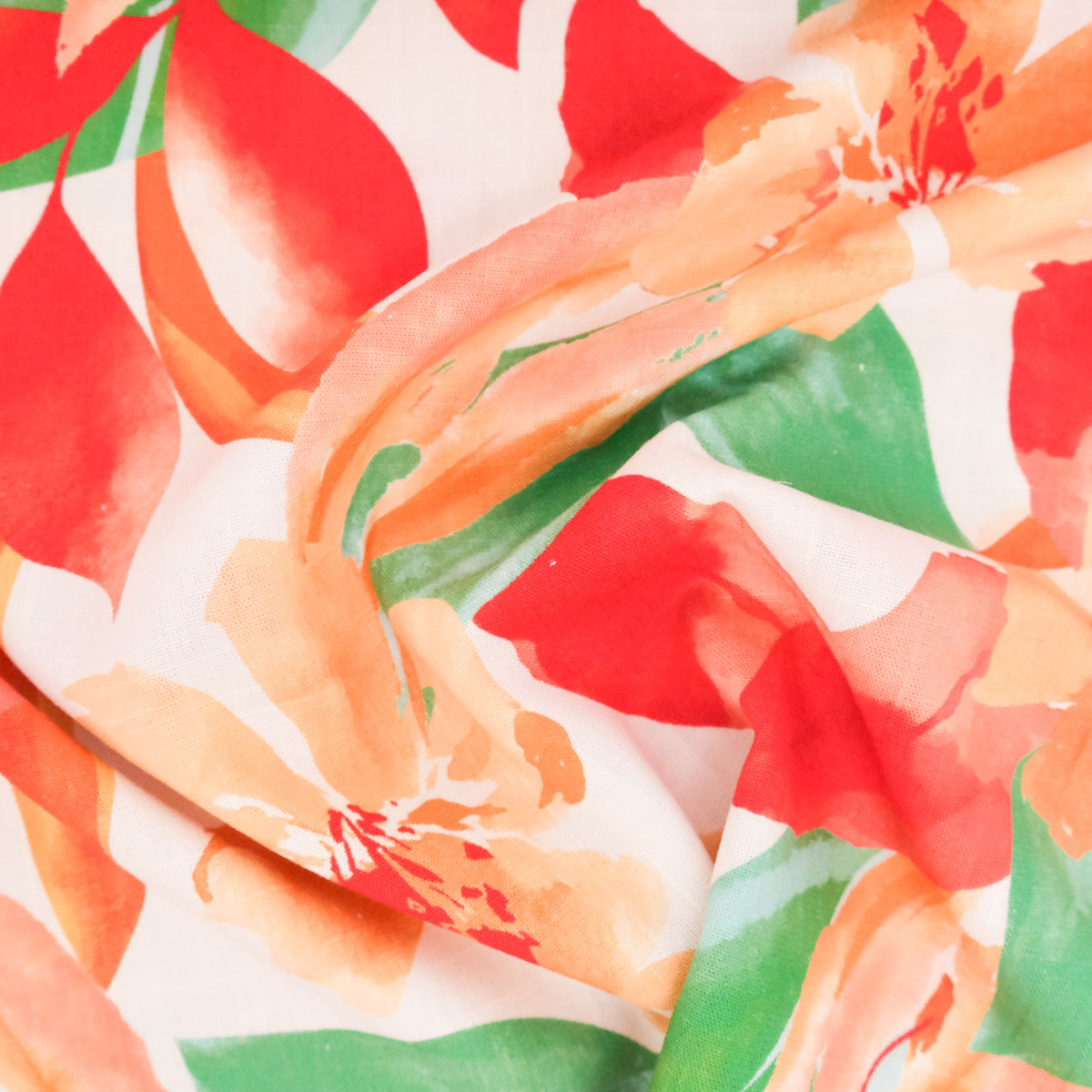 Red and Orange Floral Print Linen Viscose - Maison Klem